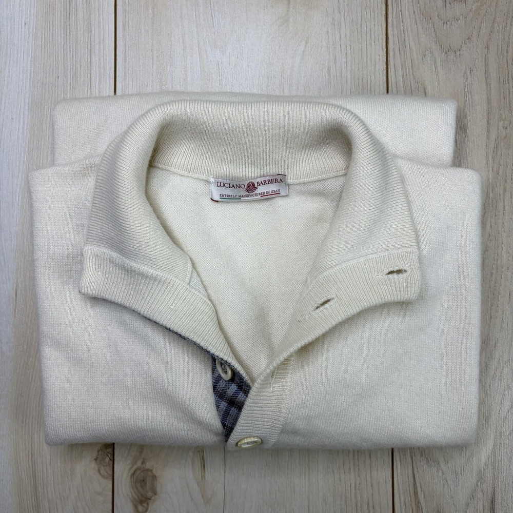 Luciano Barbera 1/4 Button 100% Cashmere Knit Sweater Mens 54 (US L) Off-White